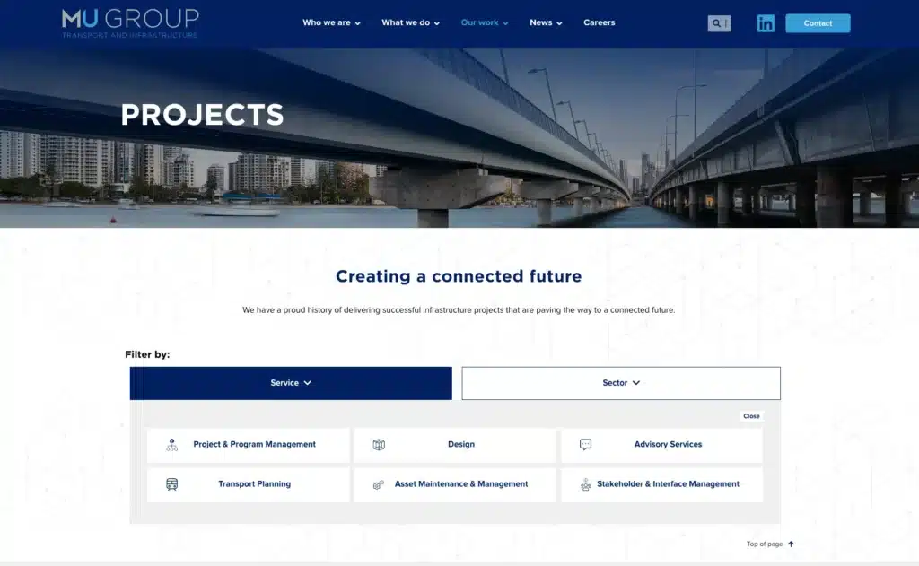 Screenshot of the MU Group "Projects" webpage featuring impactful design, with a bridge image, navigation menus, filter options, and project showcases across service categories.